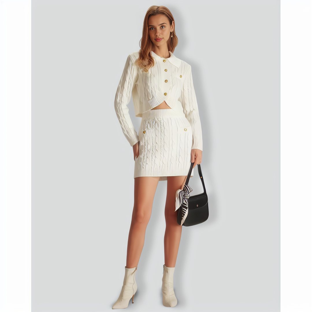 The White Lapel Ribbed Button Cable Cardigan
