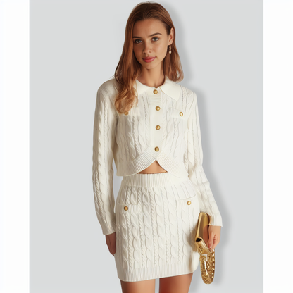 The White Lapel Ribbed Button Cable Cardigan