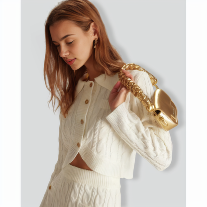 The White Lapel Ribbed Button Cable Cardigan