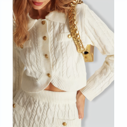 The White Lapel Ribbed Button Cable Cardigan