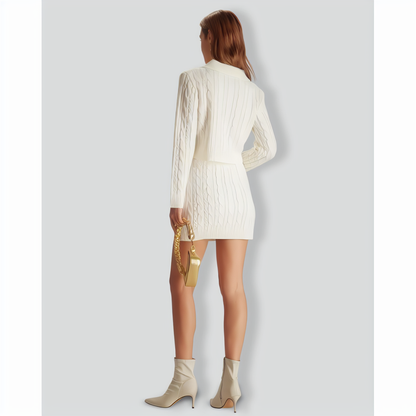 The White Lapel Ribbed Button Cable Cardigan