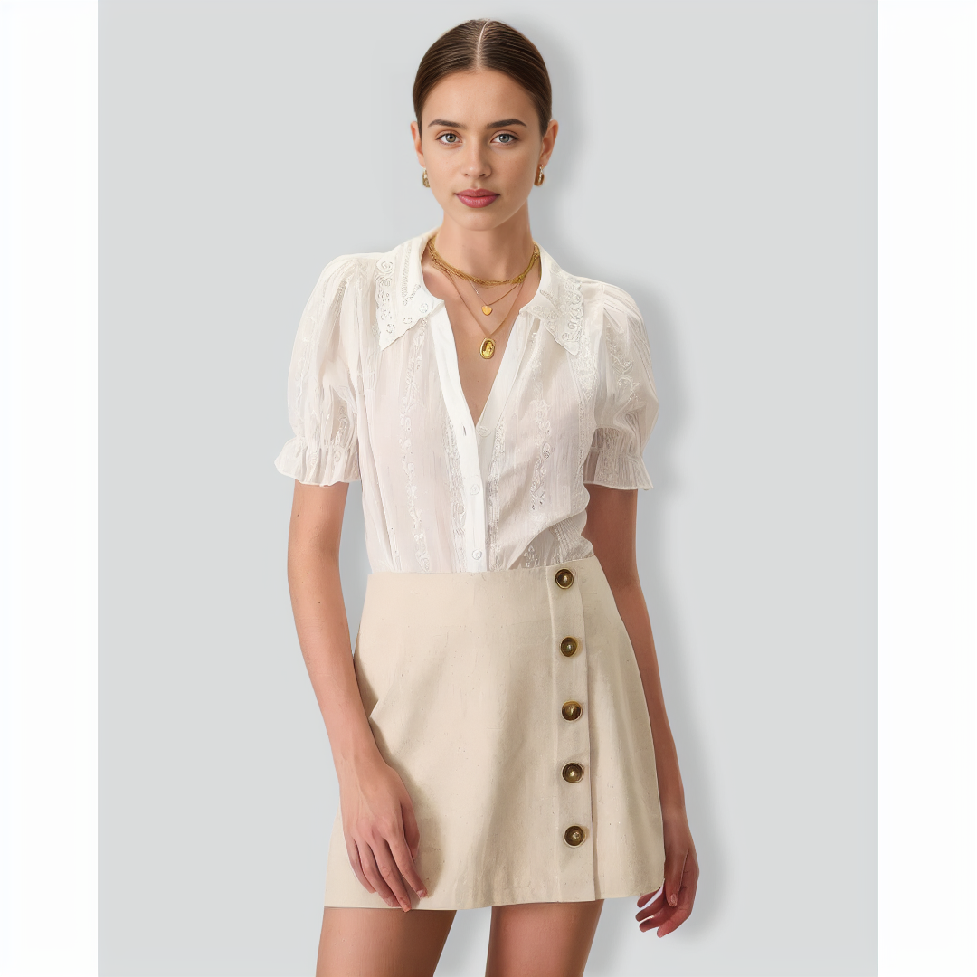 Women's White Collared Lace Embroidery Cotton Blouse