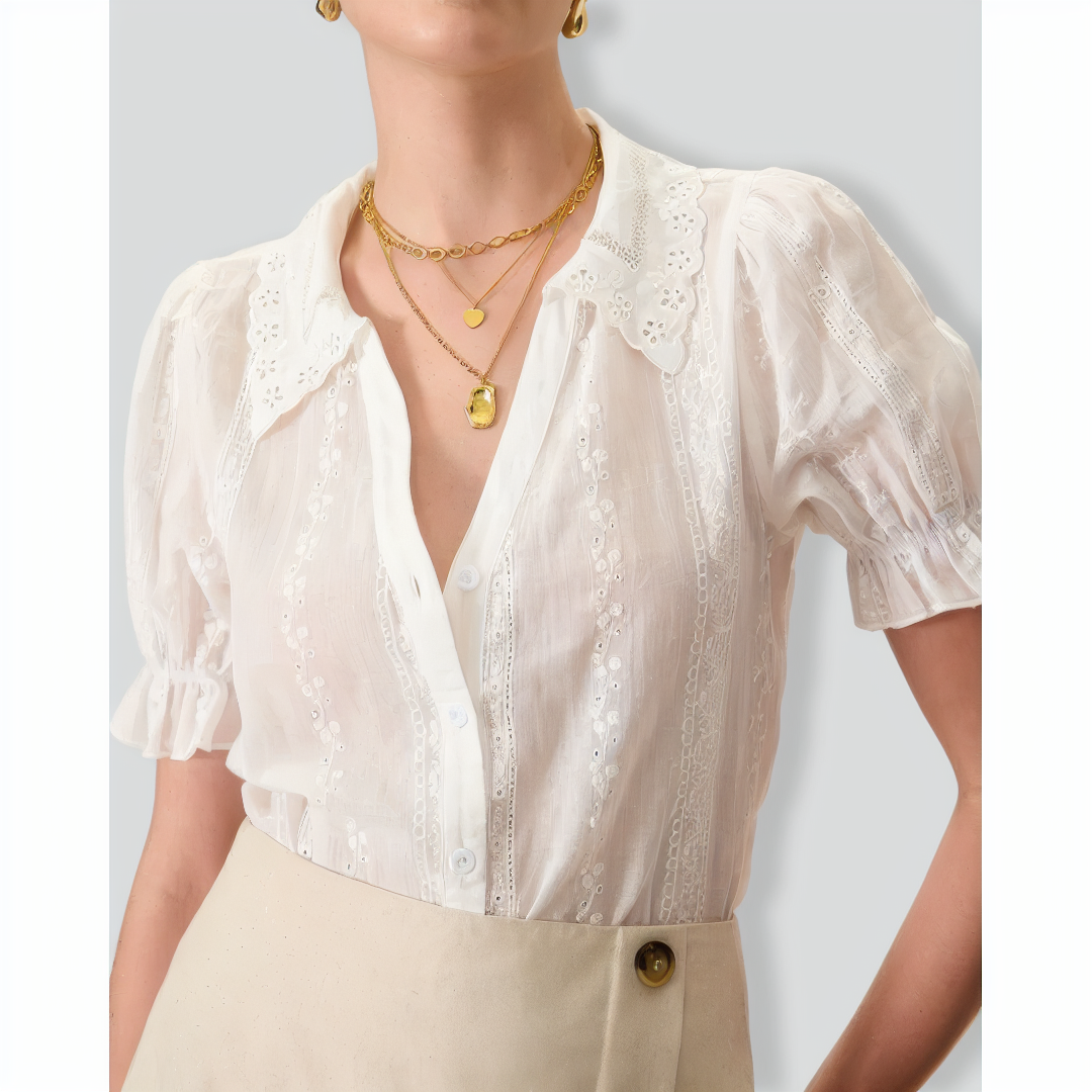 Women's White Collared Lace Embroidery Cotton Blouse