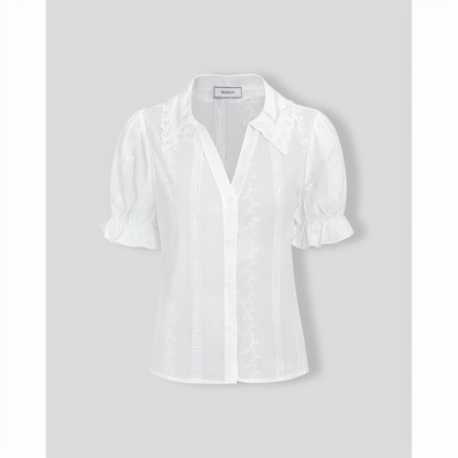 Women's White Collared Lace Embroidery Cotton Blouse