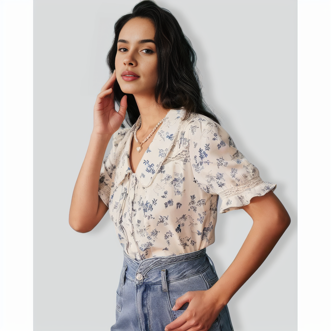 The Lace Spliced Pleated Floral Shirt