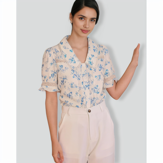 The Lace Spliced Pleated Floral Shirt