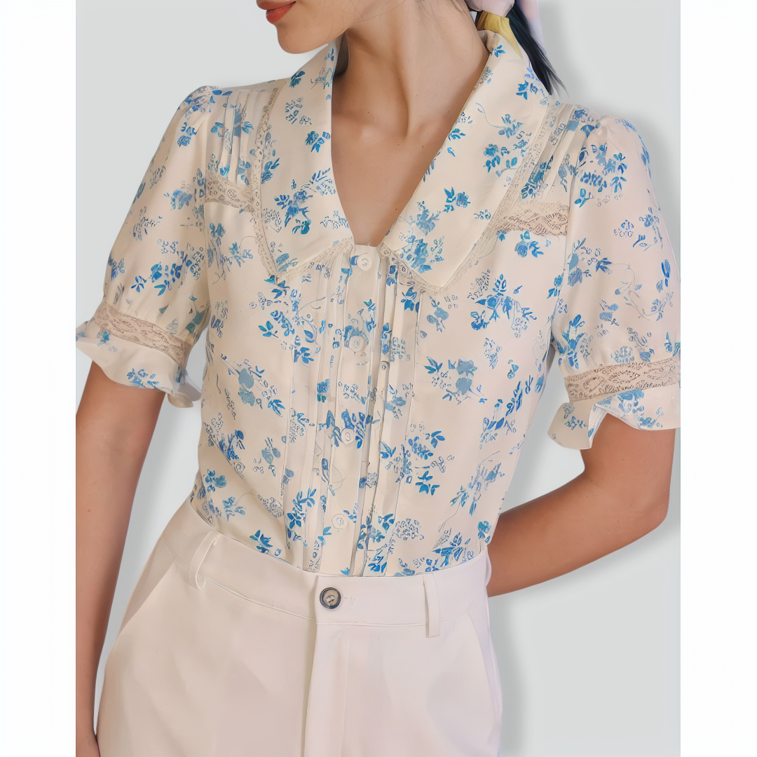 The Lace Spliced Pleated Floral Shirt