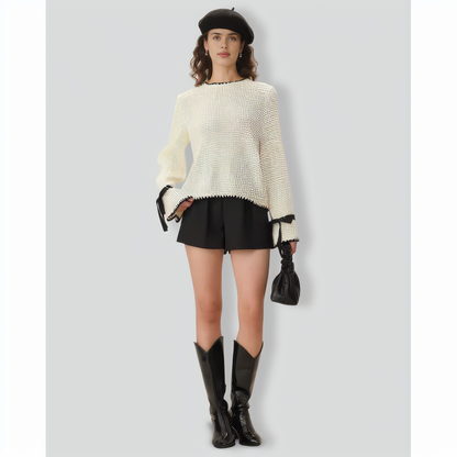 Beige Contrasting Bell Sleeve Sweater