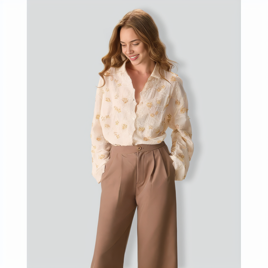 Women's Apricot Jacquard Cotton Long Sleeve Shirt