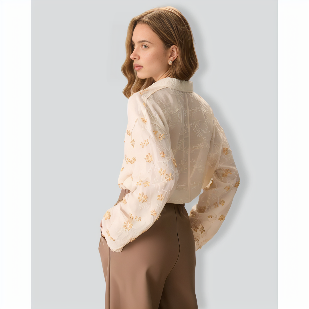 Women's Apricot Jacquard Cotton Long Sleeve Shirt