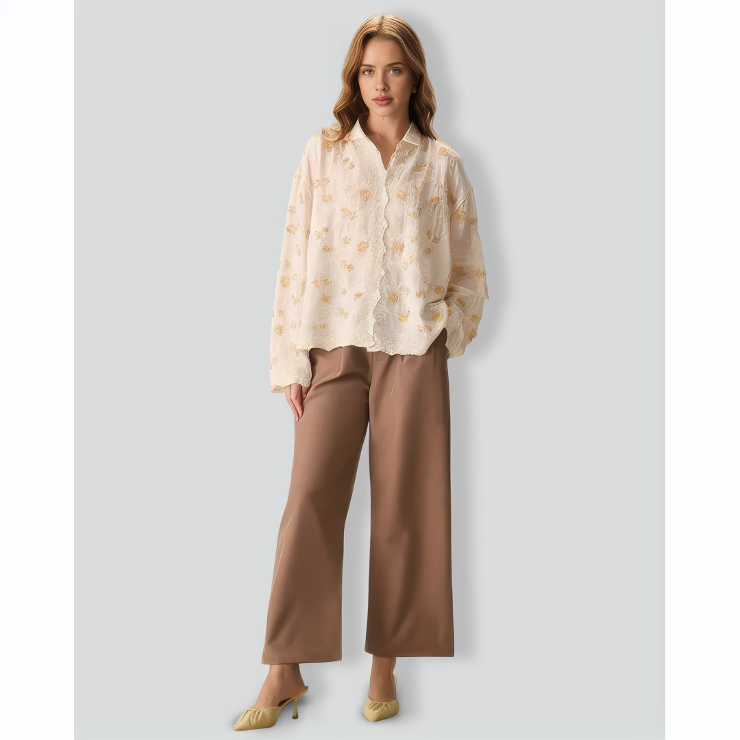 Women's Apricot Jacquard Cotton Long Sleeve Shirt