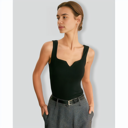 The Black V Neck Ribbed Knit Tank Top