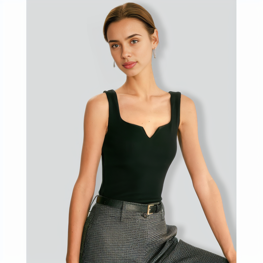 The Black V Neck Ribbed Knit Tank Top