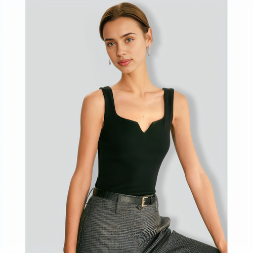 The Black V Neck Ribbed Knit Tank Top