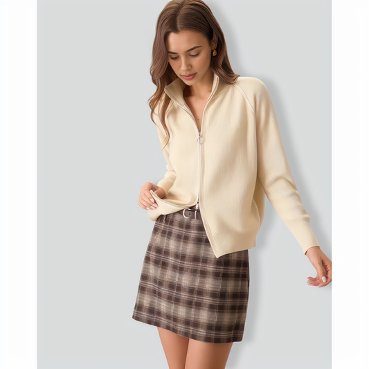 Women's Apricot Ribbed Knit Zipper Cardigan