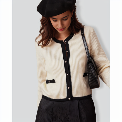 The Beige Round Neck Contrast Trim Cardigan