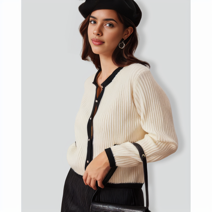 The Beige Round Neck Contrast Trim Cardigan
