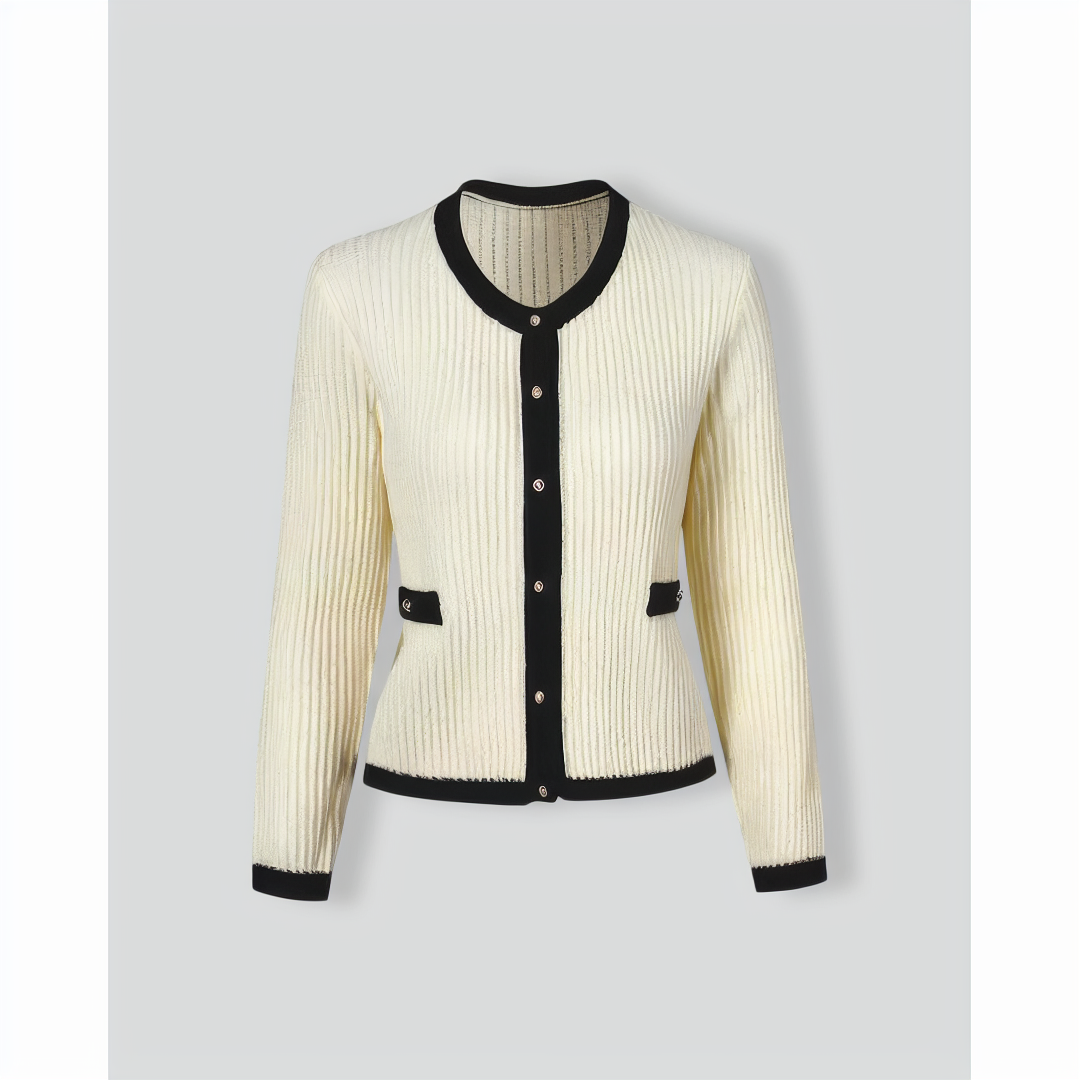 The Beige Round Neck Contrast Trim Cardigan