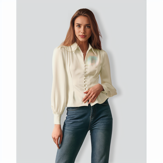 The Solid Collared Puff Sleeve Satin Blouse