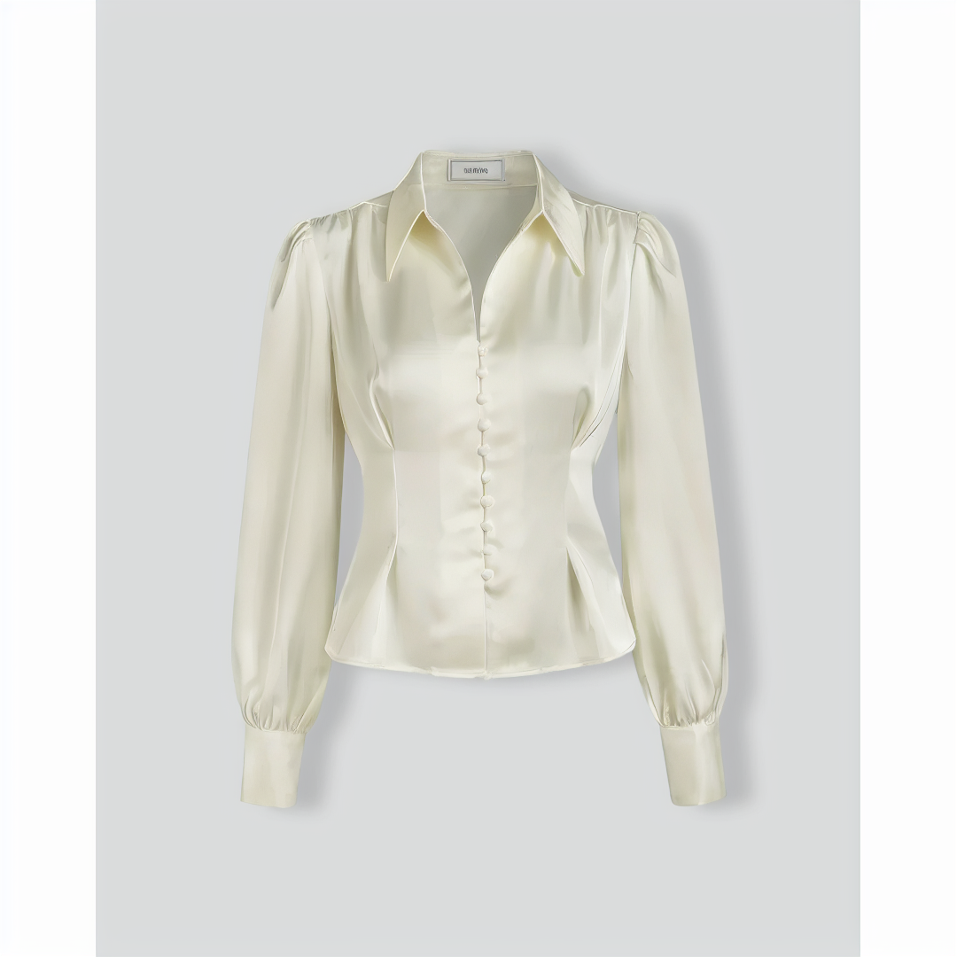 The Solid Collared Puff Sleeve Satin Blouse