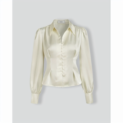 The Solid Collared Puff Sleeve Satin Blouse