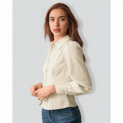 The Solid Collared Puff Sleeve Satin Blouse