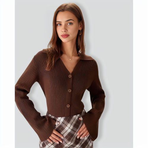Brown Bell Sleeve Single-Breasted Cardigan