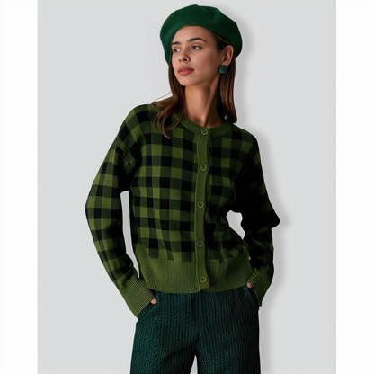 The Green Crew Neck Plaid Button Cardigan