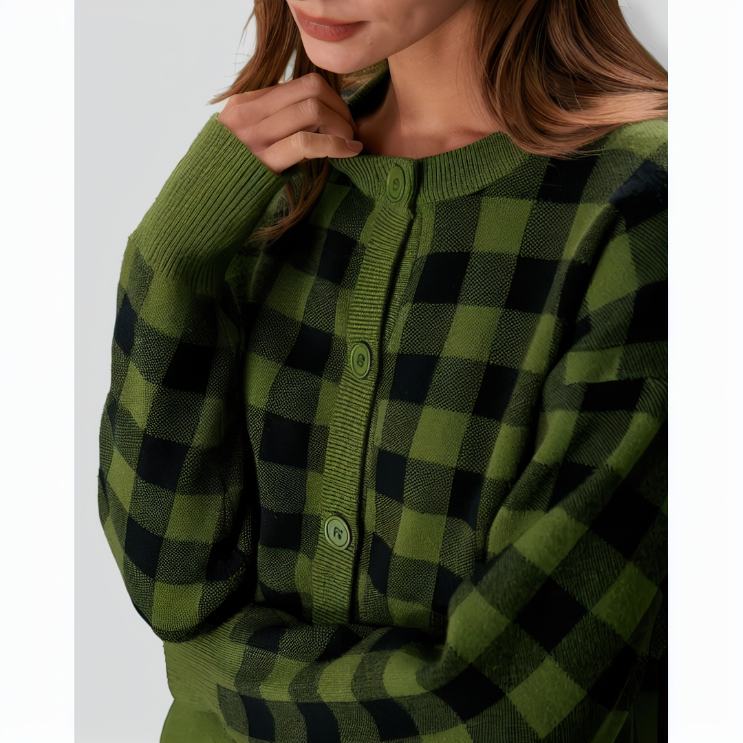 The Green Crew Neck Plaid Button Cardigan