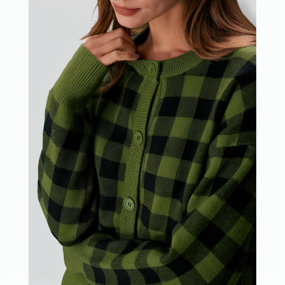 The Green Crew Neck Plaid Button Cardigan