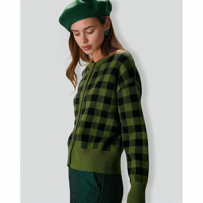 The Green Crew Neck Plaid Button Cardigan