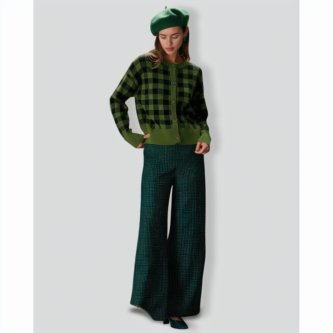 The Green Crew Neck Plaid Button Cardigan