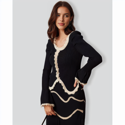 The Black Contrast Trim Gigot Sleeve Knit Top