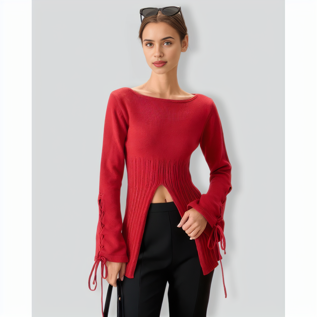 Red Bell Sleeve Slit Sweater