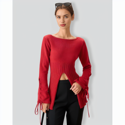Red Bell Sleeve Slit Sweater