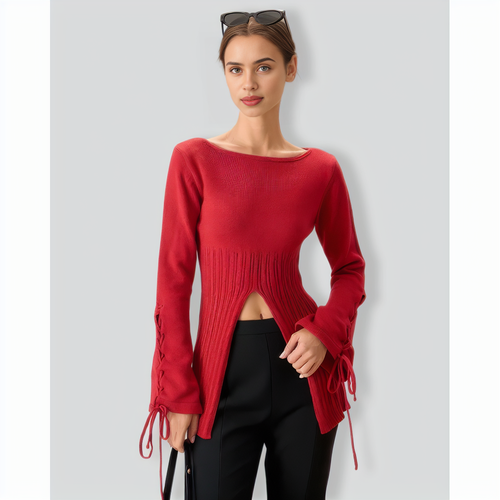 Red Bell Sleeve Slit Sweater
