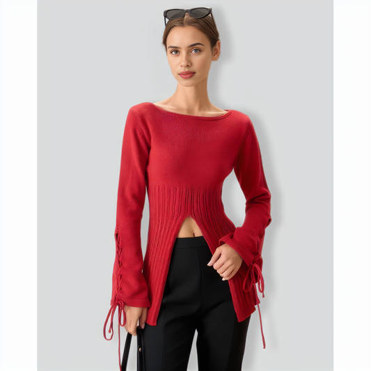 Red Bell Sleeve Slit Sweater