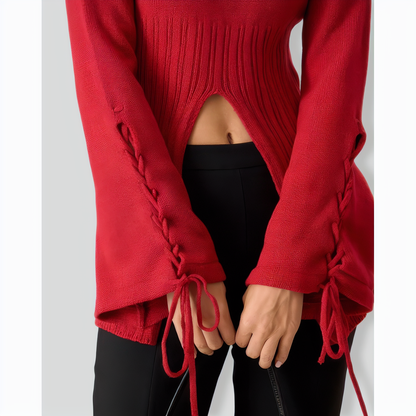 Red Bell Sleeve Slit Sweater