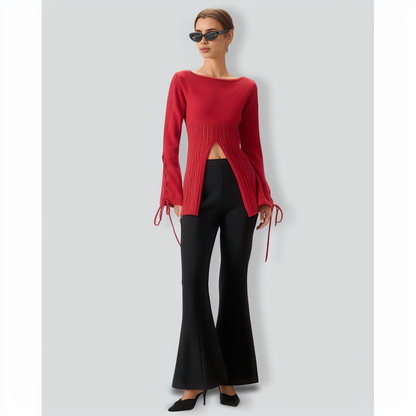 Red Bell Sleeve Slit Sweater