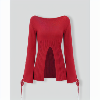 Red Bell Sleeve Slit Sweater