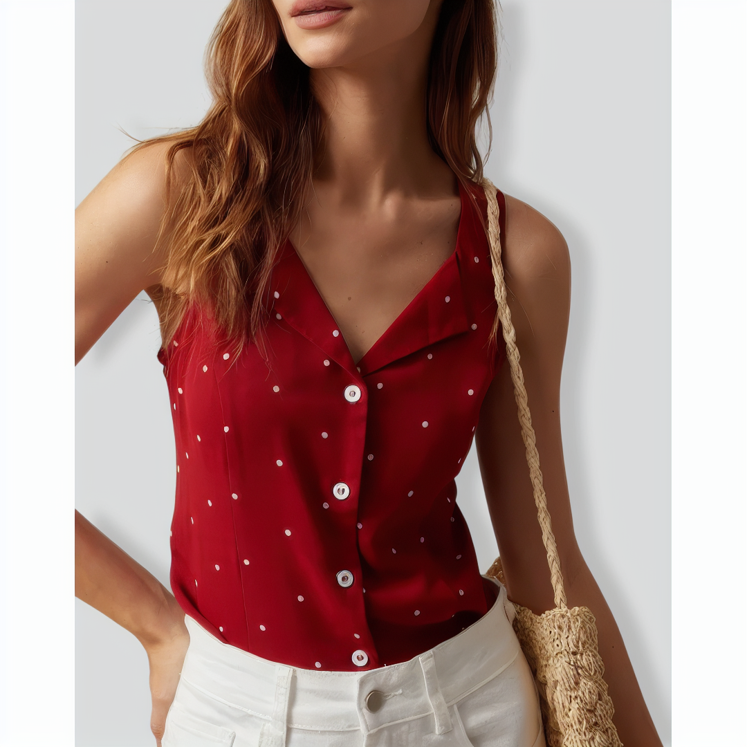 The Red V Neck Polka Dot Print Sleeveless Vest