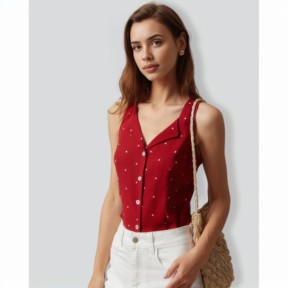 The Red V Neck Polka Dot Print Sleeveless Vest