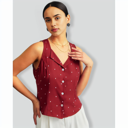 The Red V Neck Polka Dot Print Sleeveless Vest