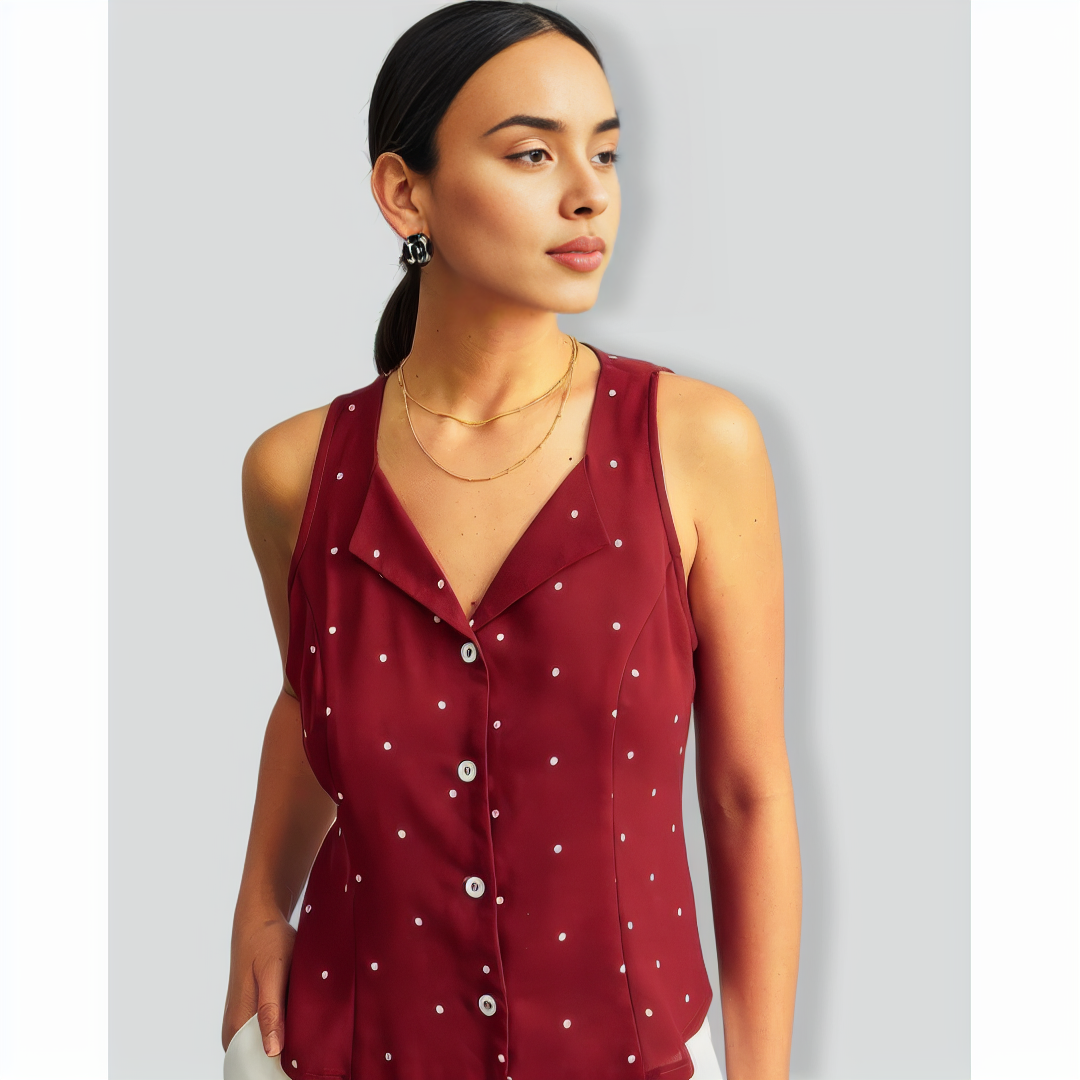 The Red V Neck Polka Dot Print Sleeveless Vest