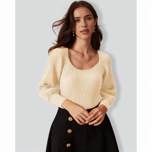 The Beige Scoop Neck Lantern Sleeve Sweater