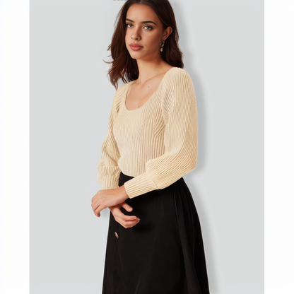 The Beige Scoop Neck Lantern Sleeve Sweater