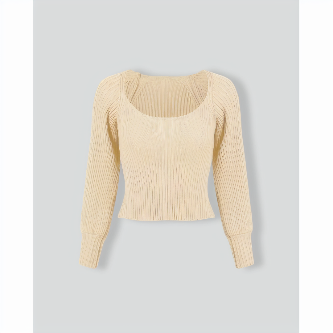 The Beige Scoop Neck Lantern Sleeve Sweater
