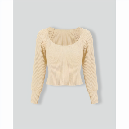 The Beige Scoop Neck Lantern Sleeve Sweater