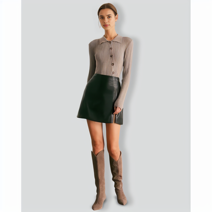 The Grey Shirt Collar Button Ribbed Knit Top