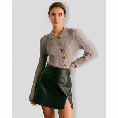 The Grey Shirt Collar Button Ribbed Knit Top